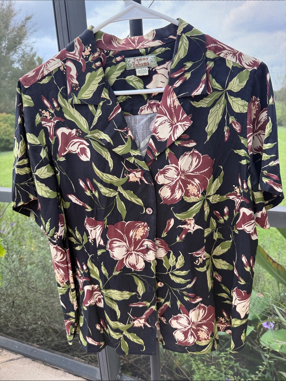 Tommy Bahama Black Floral Button-Down Shirt with Green Leaves and Maroon Blooms